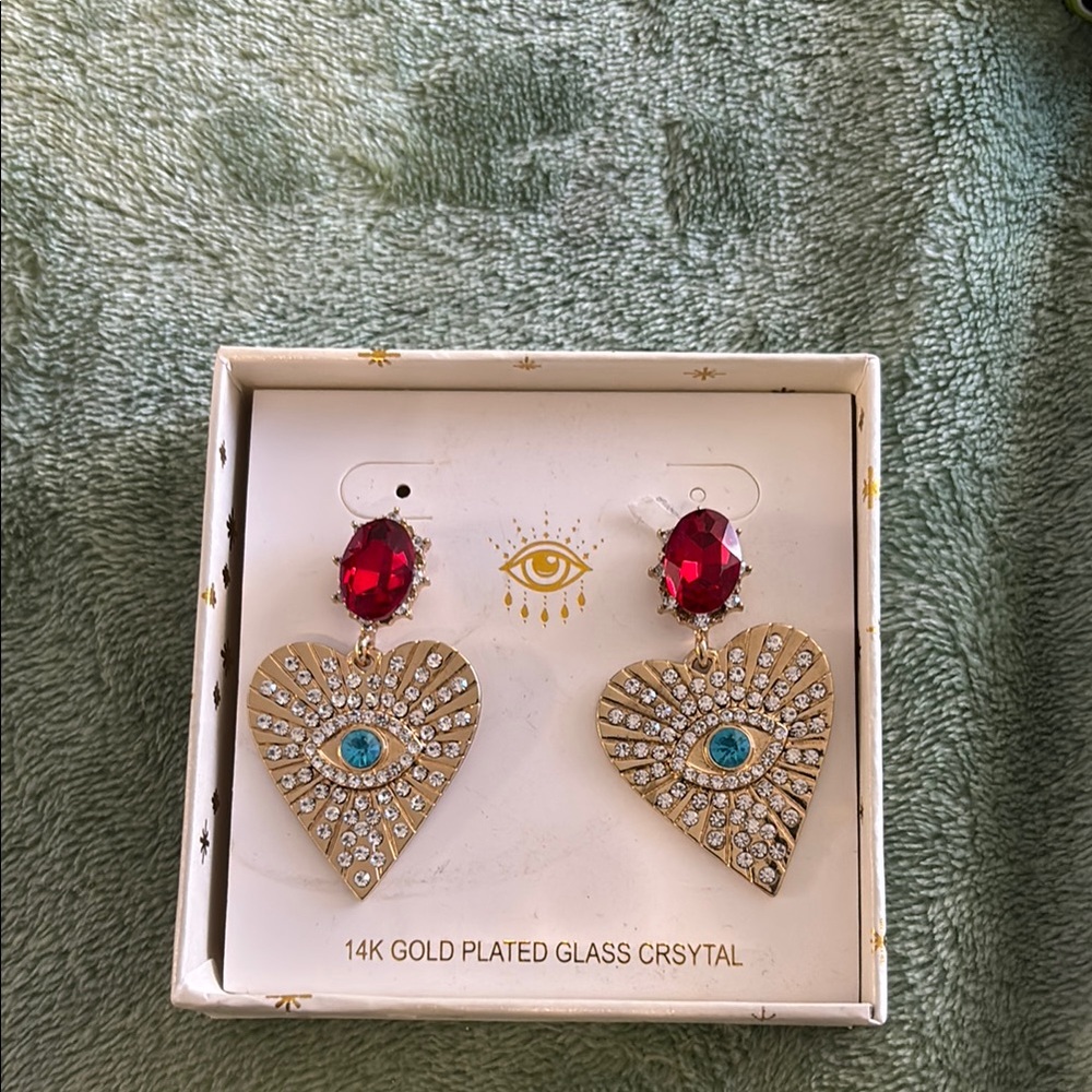 14K Gold Plated Heart Earrings with Red and Turquoise Accents